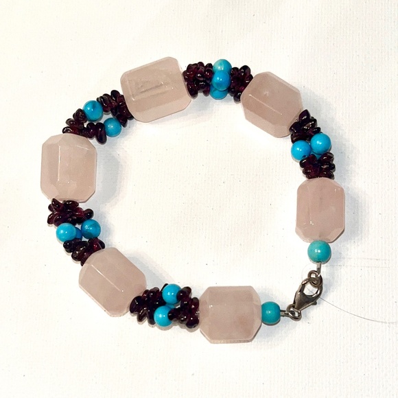 Handmade Jewelry - Spiritual Rose Quartz, Turquoise, Garnet Bracelet Hand Crafted
